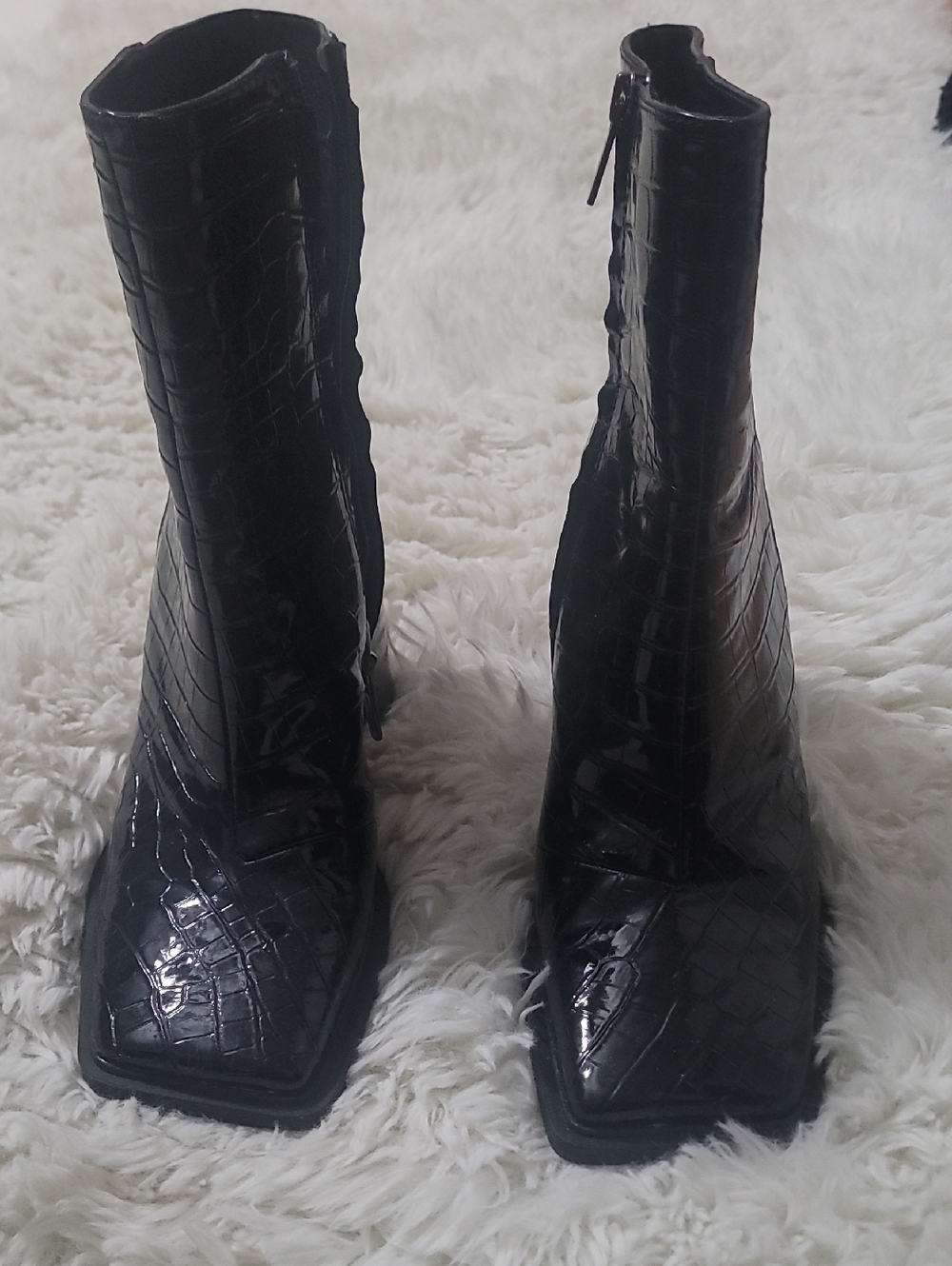 Black Croc-Embossed Squared Toe Ankle Boots